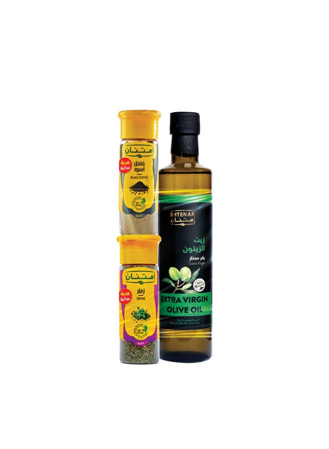 Offer Extra Virgin Olive Oil 500 ml with Free Black Pepper 75 gm and Thyme 25 gm